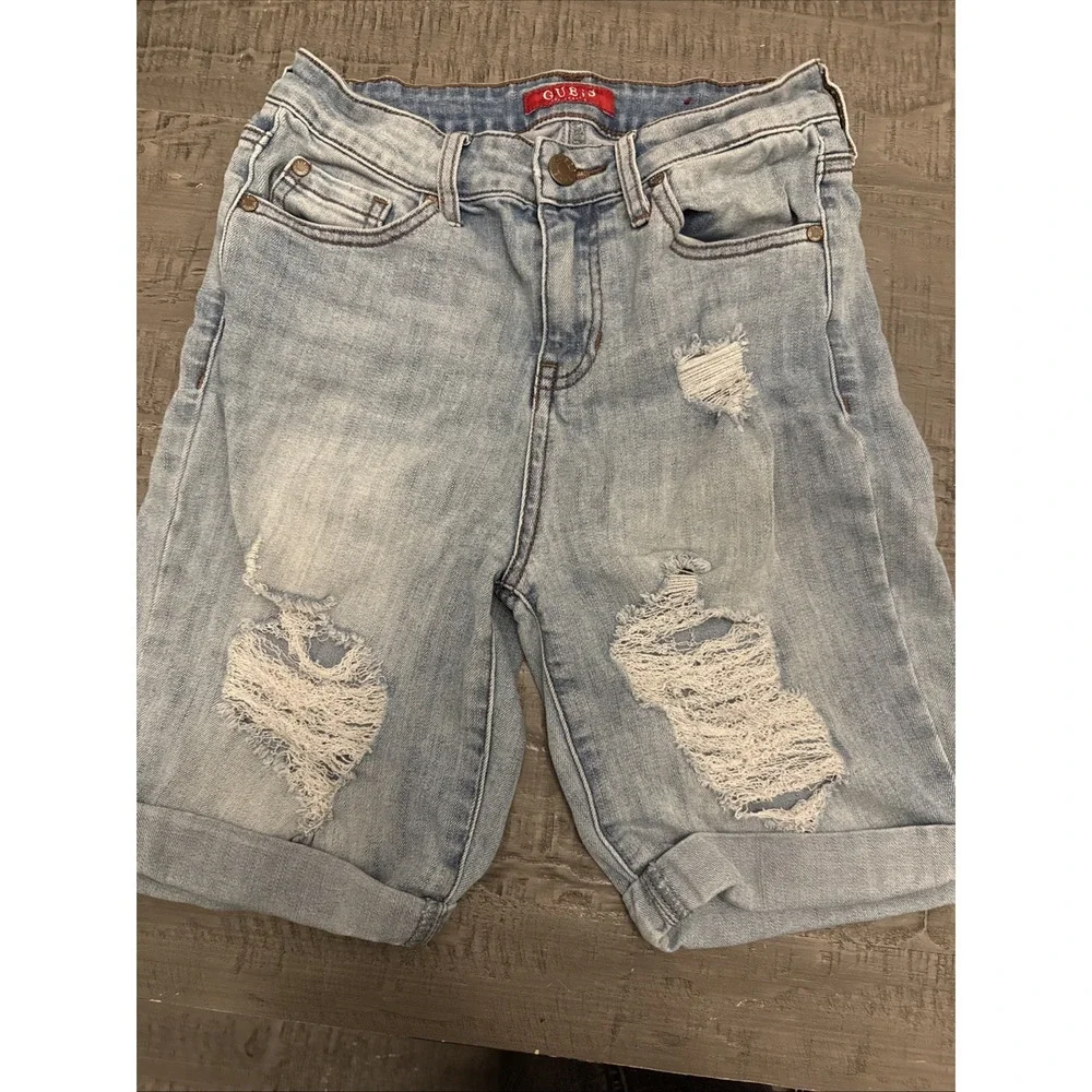 Guess Shorts Womens 25 Blue Jean Denim Distressed Long Length Cutoffs Y2K 90s